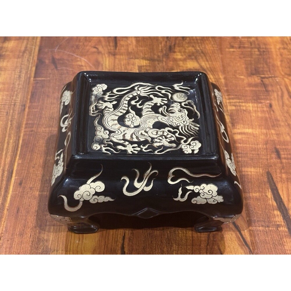 Vintage Black & Gold Dragon Motif Ceramic Chinoiserie Candle Vase Stand